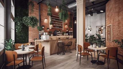 Fototapeta na wymiar Rustic and bohemian coffee house interior with plants, AI generated 