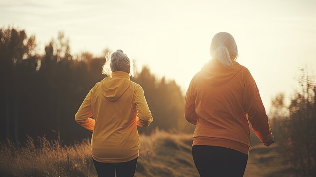 Active older women running outdoors. Generative AI