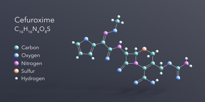 cefuroxime molecule 3d rendering, flat molecular structure with chemical formula and atoms color coding