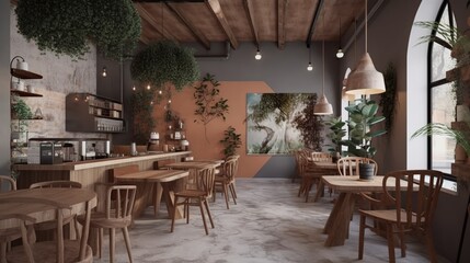 Scandinavian style coffee house interior with terracotta wall, AI generated