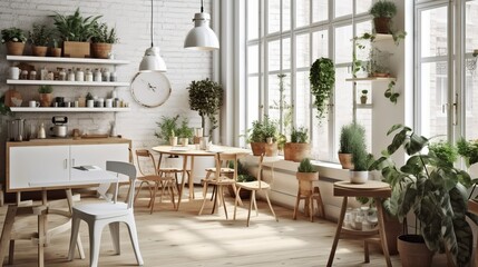 Cozy contemporary coffee house interior with plants  and wooden furniture and white brick wall, AI generated 