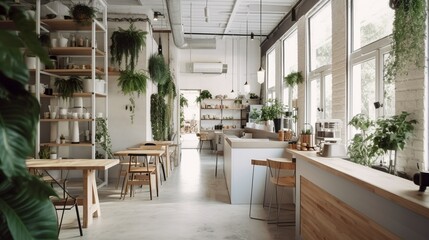 Fototapeta na wymiar Scandinavian style coffee house interior with terracotta wall, AI generated
