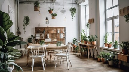 Fototapeta na wymiar Scandinavian style coffee house interior with rustic wall, AI generated