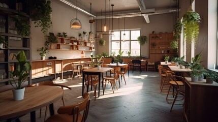 Fototapeta na wymiar Minimalist cozy coffee house interior with terracotta colors and plants, AI generated