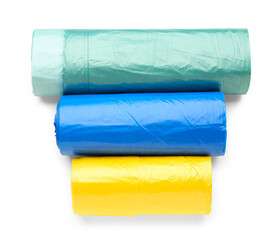 Different rolls of garbage bags isolated on white background