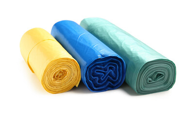 Different rolls of garbage bags isolated on white background