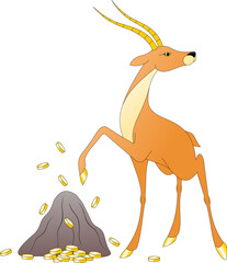 a golden antelope beats a hoof on a stone, knocking out gold coins
