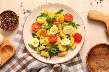 Plate of tasty potato salad with eggs and tomatoes on light background