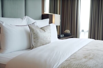 hotel room with a comfortable bed and white linens. Generative AI