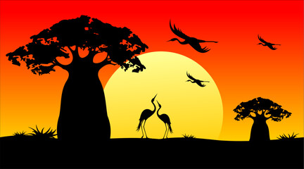 sunset in africa, savannah bathed in sun rays, with bird silhouettes