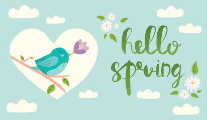 Fototapeta premium Hello Spring hand drawn vector illustration. Season lettering with bird holding and a flower. Poster in flat style.