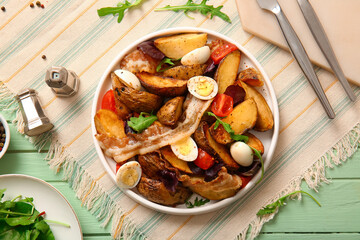 Plate of tasty potato salad with eggs, tomatoes and bacon on wooden table, top view