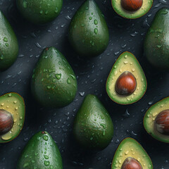 Seamless pattern with beautiful ripe and delicious avocado. Juicy vegetable endless texture. Organic vitamin food background. Generated with AI.