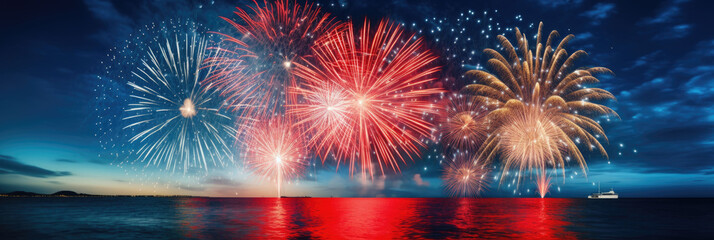 Panoramic banner with red, blue, white fireworks above water with reflection. 4th of july celebration. American holiday. Generative ai