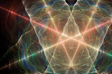 Multicolored luminous pattern of crooked waves and rays on a black background. Abstract fractal 3D rendering