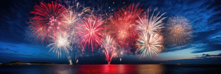 Panoramic banner with red, blue, white fireworks above water with reflection. 4th of july celebration. American holiday. Generative ai - obrazy, fototapety, plakaty