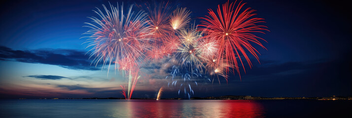Panoramic banner with red, blue, white fireworks above water with reflection. 4th of july celebration. American holiday. Generative ai