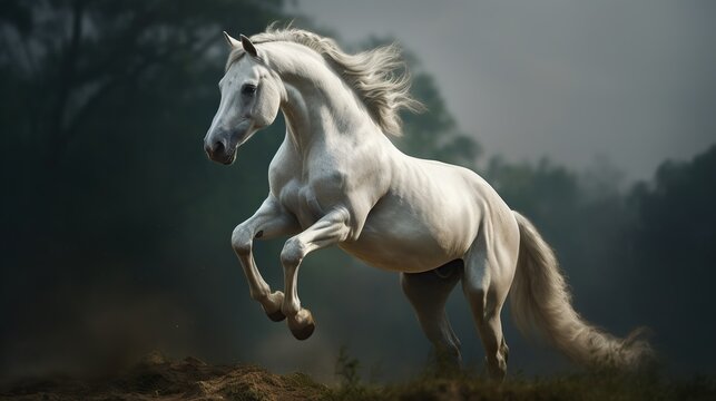 Beautiful rearing up wild horse. Illustration of mustang in free motion. Power of freedom concept. Generated with AI.