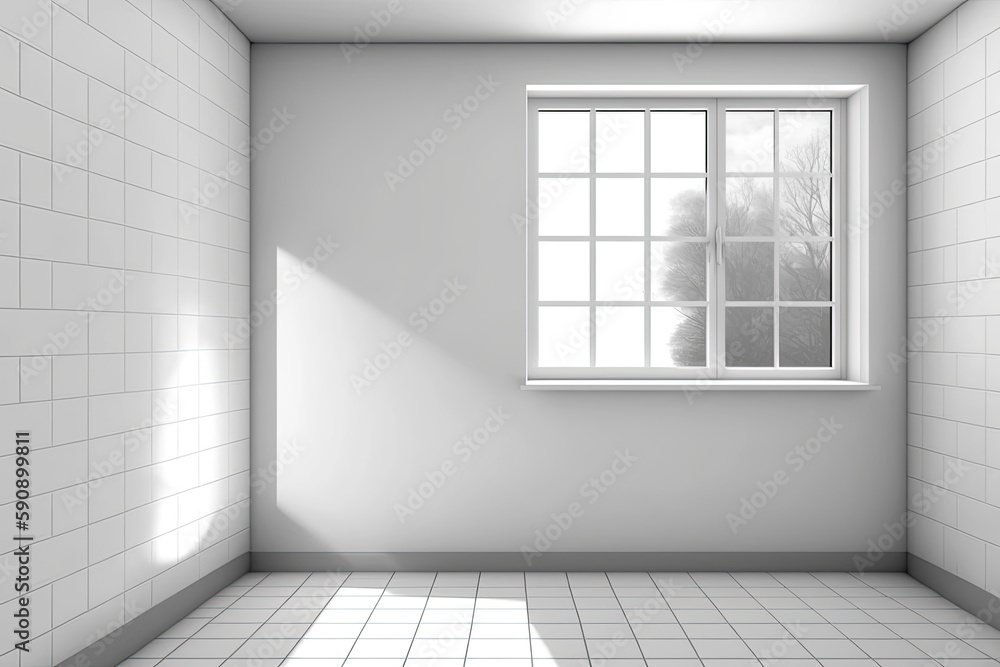 Poster an empty room with natural light coming in from a window and a patterned tiled floor. generative ai