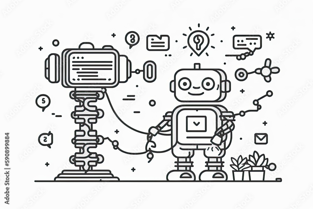 Poster futuristic robot in black and white line art style. generative ai
