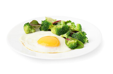 Plate with tasty fried egg, broccoli and spinach on white background