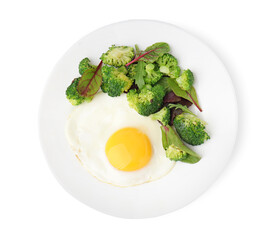 Plate with tasty fried egg, broccoli and spinach on white background