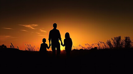 Fototapeta na wymiar Silhouette eines Vaters mit seinen Kindern bei Sonnenuntergang (Generative AI)