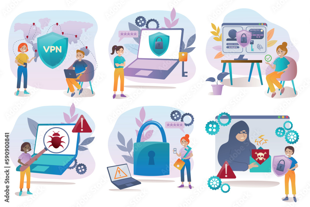 Poster cybersecurity set. virtual private network,strength password, personal data protection. vector illus