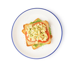 Plate with tasty scrambled eggs sandwich on white background