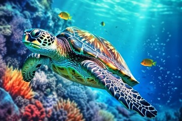 Naklejka na ściany i meble Turtle swim sea. Generate Ai