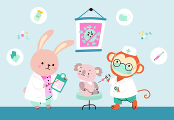 Obraz na płótnie Canvas Medical vaccination scene in hospital. Cute koala patient and doctors monkey and bunny. Immunization, childish pediatrician nowaday vector characters