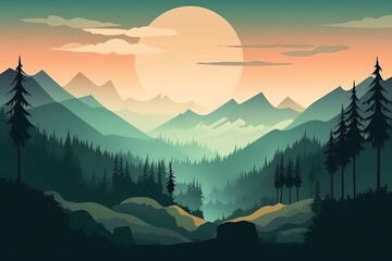  illustration of beautiful  mountain landscape sunrise and sunset in mountains Generated AI