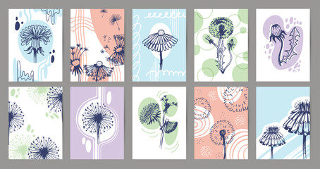 Dandelion cards, bright chic posters with organic motifs. Simple flyers templates, spring summer flowers. Minimal decorative covers neoteric vector design
