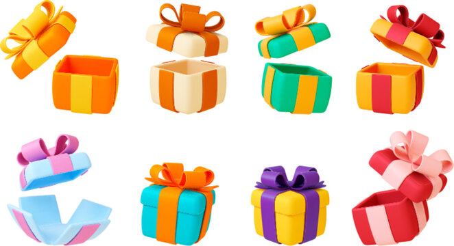 Gift box 3d, presents boxes with bows and ribbon. Gift prize open and closed. Realistic birthday, christmas, wedding party elements. Pithy vector set
