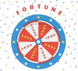 Fortune wheel logo poster. Casino wheels in falling confetti, gambling online graphic elements. Lucky spin, abstract gaming decent vector background