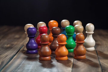 Wooden pawns representing the concept of diversity and inclusion in society. Colored figures on a wooden desk. Close-up shot. Generative AI