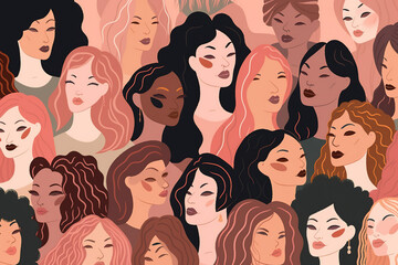Crowd of women, modern stylized flat design. Represents feminity, feminism, diversity.