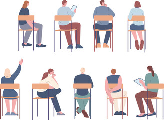 Sitting people on chairs, back view. Isolated sit adult, student on lecture or business training conference audience. Kicky vector characters