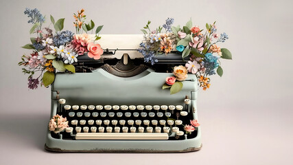 Antique old fashioned typewriter with mechanical keyboard surrounded by blooming spring flowers, cartoon illustration generative AI