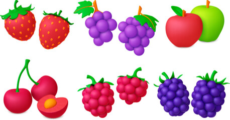 Berries fruits isolated 3d icons. Cherry and strawberry, raspberry and grapes. Realistic berry, decorative graphic juicy food. Vegan pithy vector elements