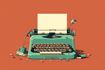 Mechanical typewriter in classic and minimalistic style with white blank paper isolated on copy space orange background. Cartoon illustration generative AI - obrazy, fototapety, plakaty