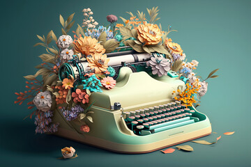Old fashioned mechanical typewriter surrounded by colorful flowers, cartoon illustration generative AI. Collectible device for text writing, nostalgia and inspiration concept