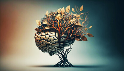 Conceptual image of a human brain with mental disorder, hallucinations, depression, suicidal thoughts, negative emotions, dementia. AI generated art