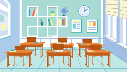Classroom interior in school. High or elementary class, room in kindergarten or college with desk, books and notebooks. Vector education concept
