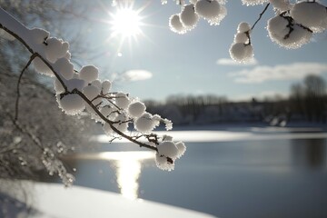 serene winter landscape with a frozen lake and a bright sun shining down. Generative AI