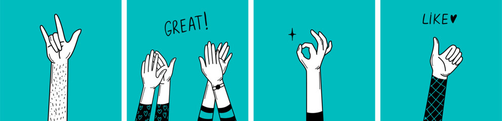 Positive support hands signs. Doodle hand clapping and applause, ok and like sign. Social media community, charity vector graphic elements
