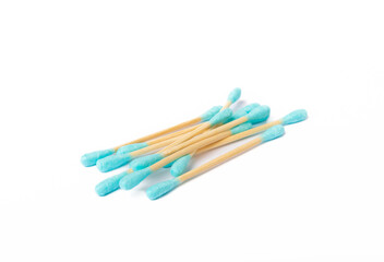 Cotton swabs isolated on white background. Bamboo cotton buds. Means for hygiene of ears. Eco friendly materials.