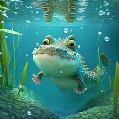 Obraz na płótnie Canvas cartoon illustration, cute crocodile underwater, ai generative
