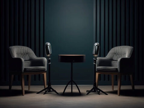 two chairs and microphones in podcast or interview room isolated on dark background as a wide banner for media conversations or podcast streamers concepts with copyspace