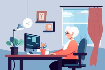 Fototapeta na wymiar cartoon illustration, an old woman sitting in her home office staring at her computer, ai generative